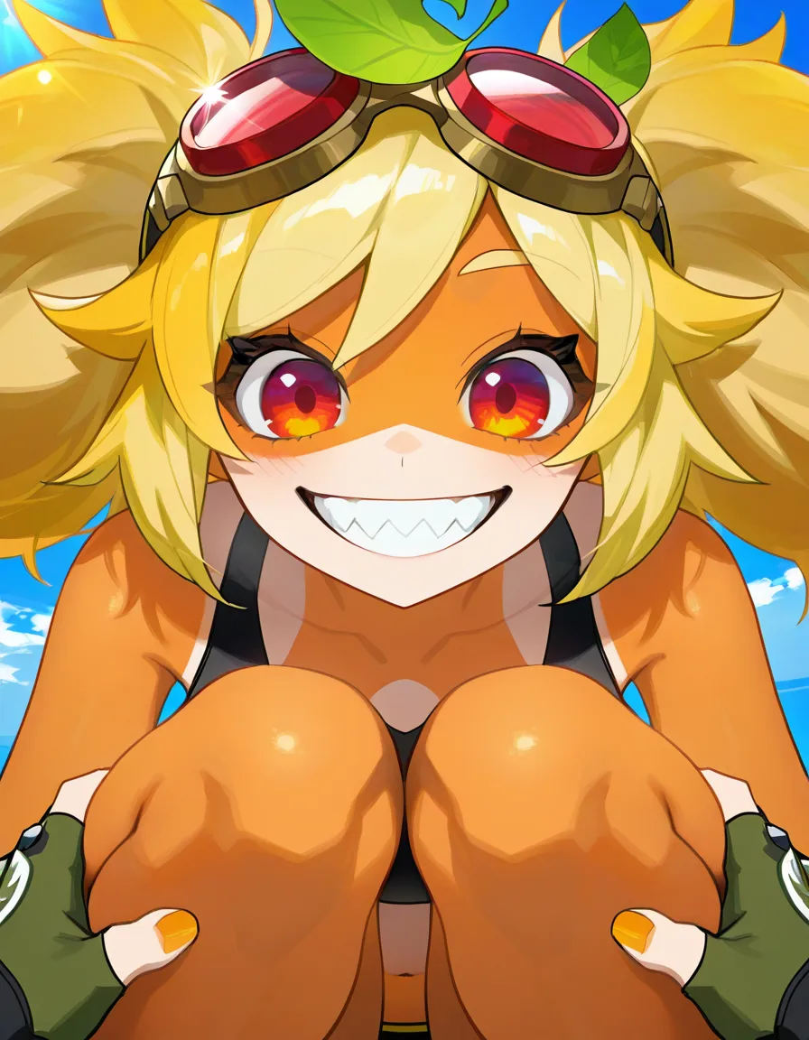First-person POV looking straight down. Solar Flare (PVZ Heroes): messy bright blonde hair, red goggles resting on top of head, orange skin, large cartoon eyes (one winking), wide toothy smile, black short crop top with white leaf logo, green fingerless gloves, midriff exposed. On her knees, mouth around the viewer’s cock, viewer’s hand firmly gripping and guiding her head. Tight close-up, explicit oral, matching the exact cartoon style of the reference image., (anime style:1.3), 2d, anime screencap, cel shading, flat color