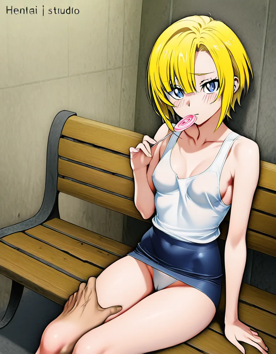 The girl is blonde with a slim build and small breasts; she is wearing a skirt with tight panties underneath but no bra—just a tank top. In the first photo of the series, she is sitting on a man's lap on a bench; the man feels her pussy and gets shy, while she sits on his leg and licks a lollipop., hentai_studio_quality,The girl is short; she is happily licking the lollipop the man bought her and sliding into his lap., hentai_studio_quality