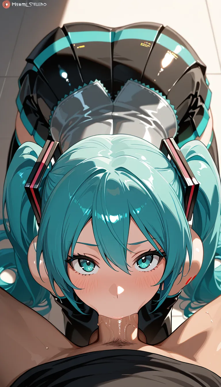 Hatsune Miku, 1girl, kneeling close, sucking a mans shiny wet dick, deepthroat blowjob, eager focused expression, eyes looking up at viewer, pov, detailed face, soft lighting