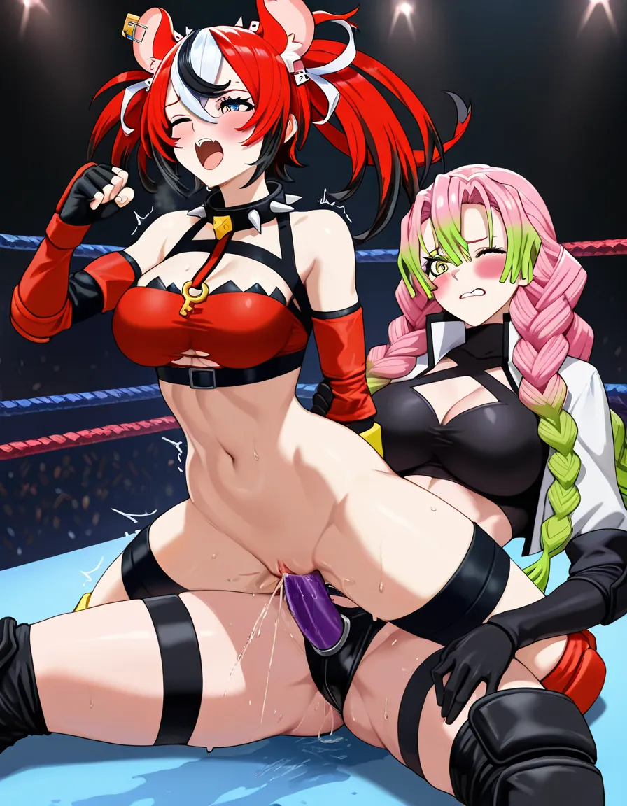 2girls , Best_quality, ultra_detailed, @hakos_baelz , @kanroji_mitsuri , yuri sex ,wrestling_ring wrestling defeated, pussy_juice squirting orgasm , strap-on vaginal,, bruised wince, torn_clothes, hentai_studio_quality