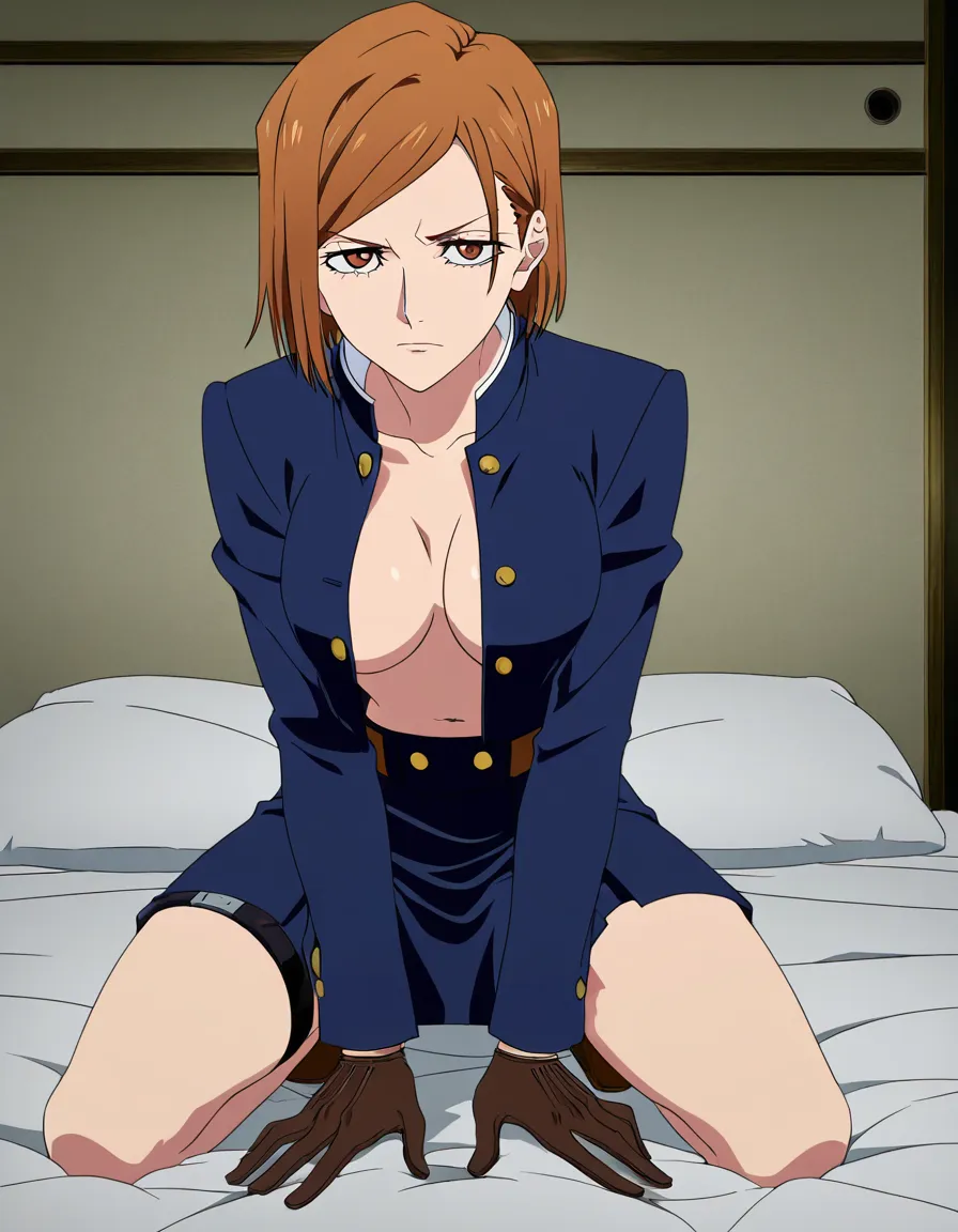 8k, sharp focus, detailed skin, solo, thigh strap, gloves, kneeling on bed, indoors, cinematic realism, kugisaki nobara,no bra, (anime style:1.3), 2d, anime screencap, cel shading, flat color, @00osamio00