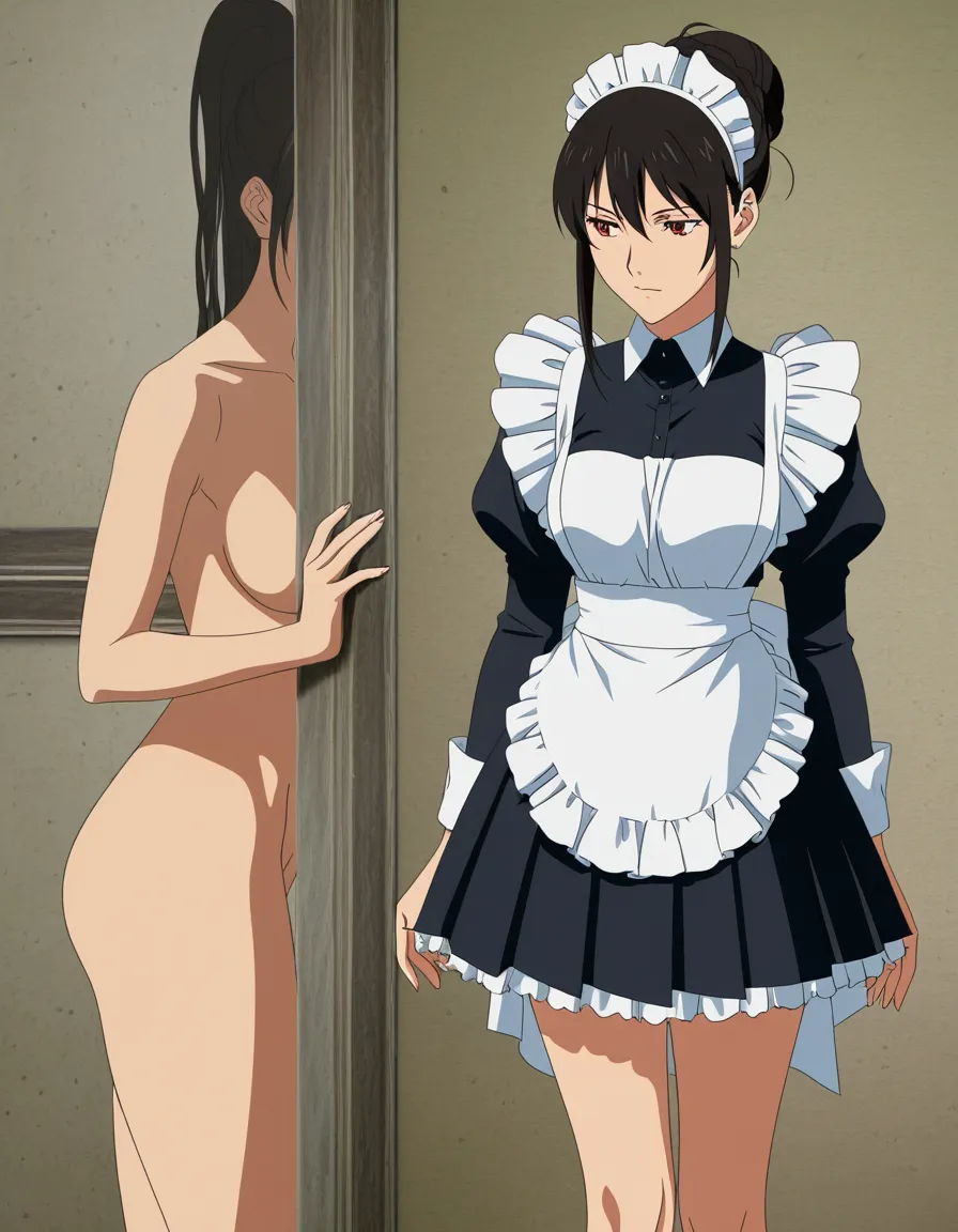 RAW photo, ultra realistic, maid, hair bun, pleated skirt, fully nude, film photography, (anime style:1.3), 2d, anime screencap, cel shading, flat color