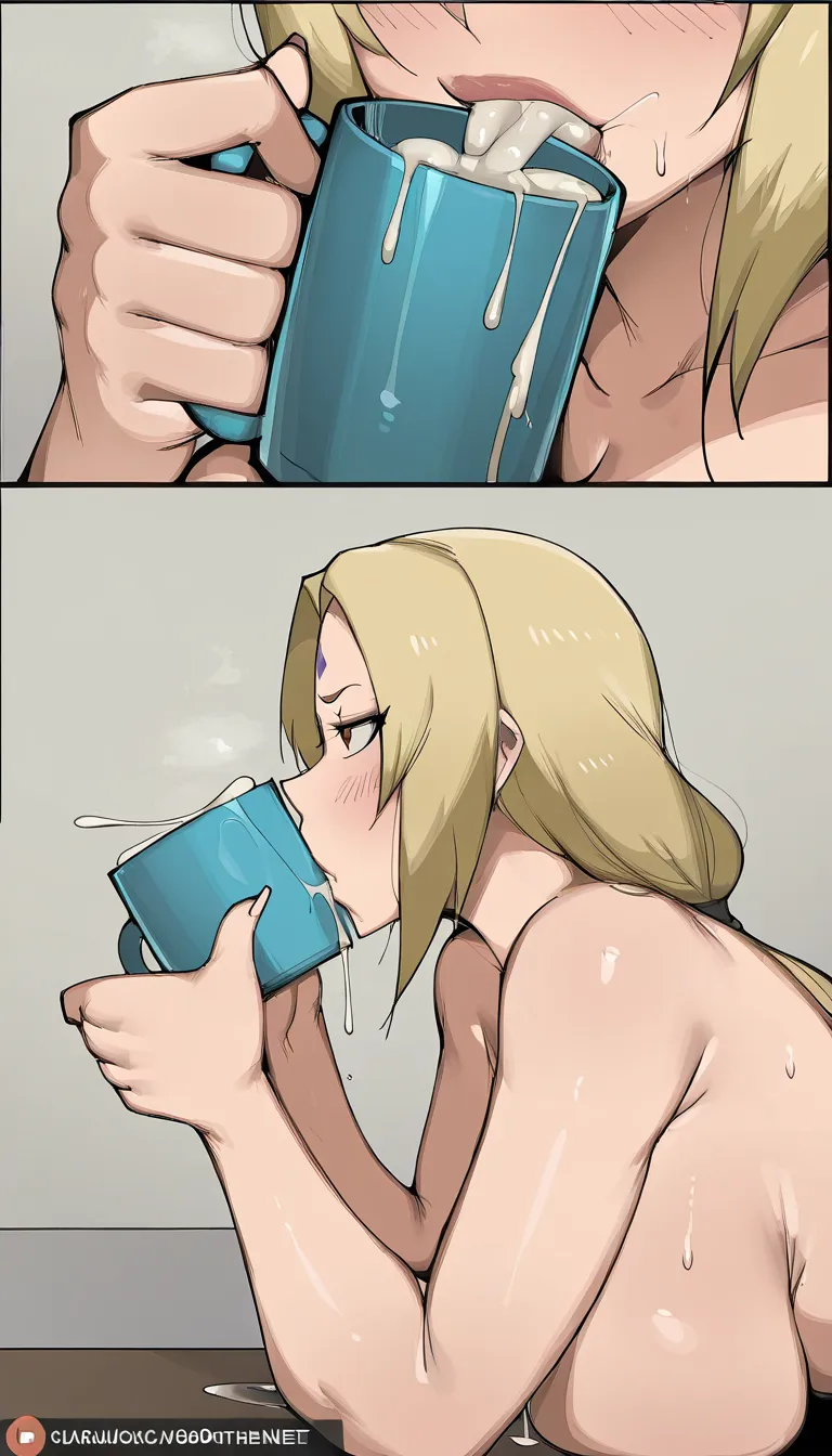 Artist_Bobtheneet, Tsunade, large_breasts, nude, hair_down, horny female, 1girl, cum_overflow, mug full of cum, drinking, gulping, close-up, from_side, holding_mug, drinking_glass, gulping cum, hentai_studio_quality