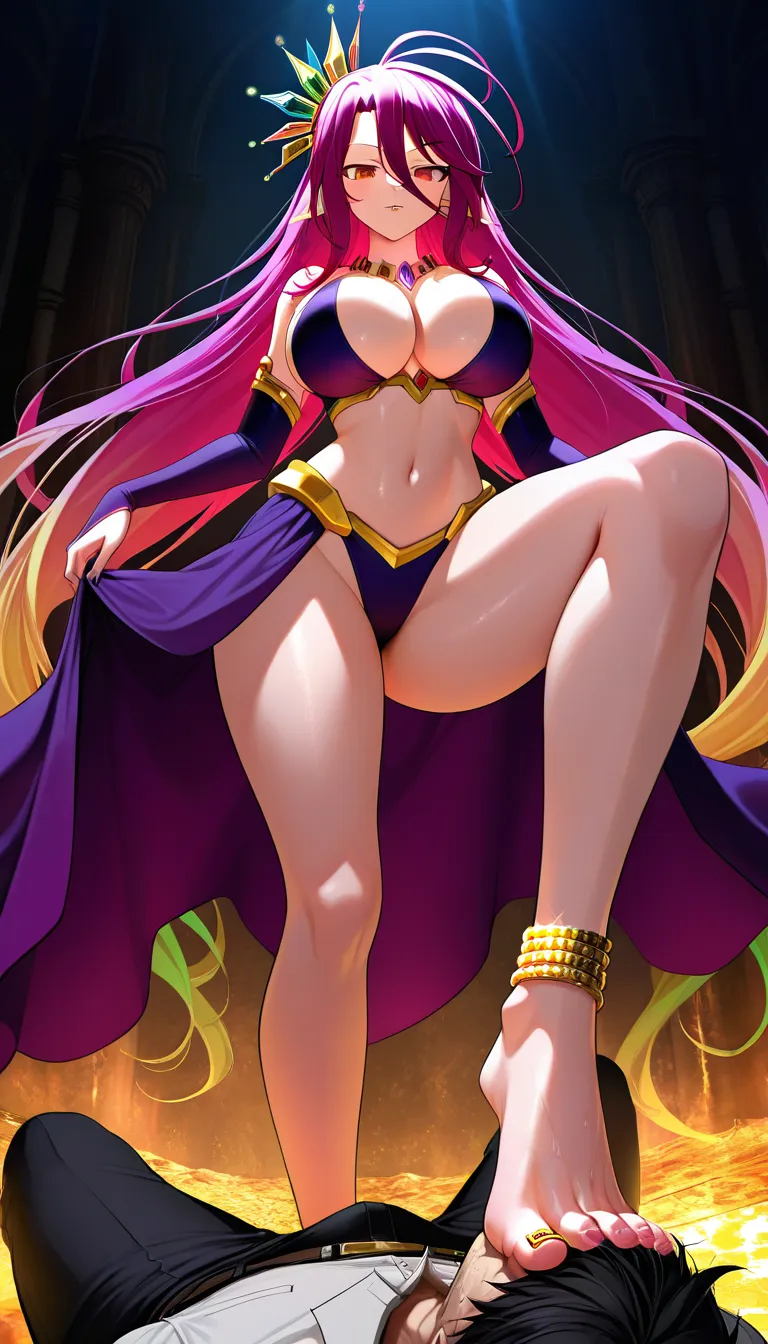 Irresistible girl no game no Life, standing up on one leg, High knee, dominant expression, seductive piercing eyes, alternative outfit, intricate jewelry, trample, dominance, femdom, foot on face, ornate gold anklets, delicate jeweled toe rings, sexy legs, flawless skin texture, curvaceous body, cinematic lighting, dramatic shadows, big thighs, big hips, big boobs, size difference, larger female, smaller male, [hentai-style], score_9, score_8, 3d render, octane render, subsurface scattering, ray tracing, smooth shading, score_9, score_8, 3d render, octane render, subsurface scattering, ray tracing, smooth shading, hentai_studio_quality
