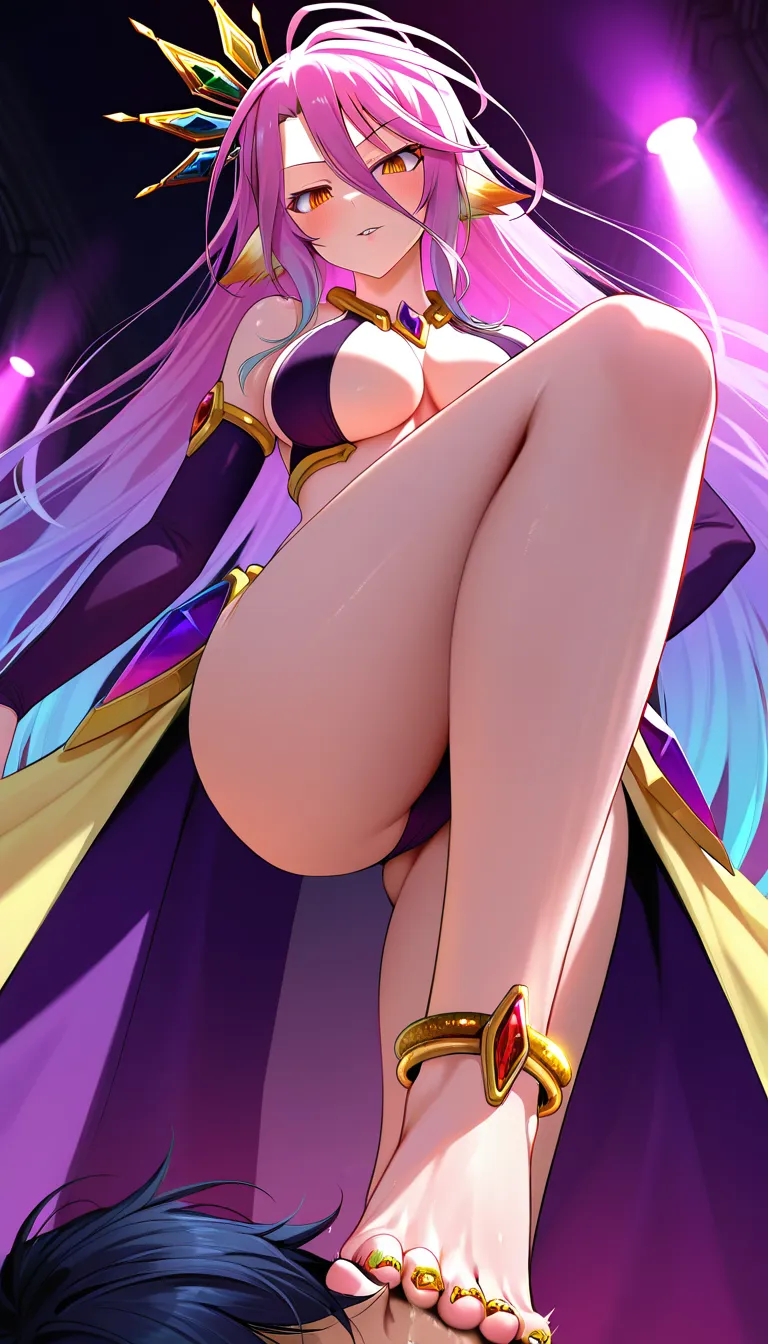 Irresistible girl no game no Life, standing up on one leg, High knee, dominant expression, seductive piercing eyes, alternative outfit, intricate jewelry, trample, humiliation, dominance, femdom, foot on face, ornate gold anklets, delicate jeweled toe rings, sexy legs, flawless skin texture, curvaceous body, cinematic lighting, dramatic shadows, big thighs, big hips, big boobs, size difference, larger female, smaller male, score_9, score_8, 3d render, octane render, subsurface scattering, ray tracing, smooth shading