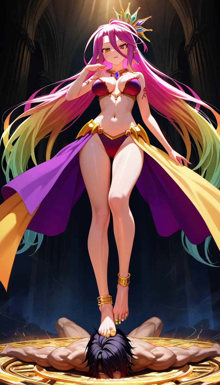 Beautiful girl no game no life, goddess, standing up on one leg, High knee, dominant expression, seductive piercing eyes, alternative outfit, intricate jewelry, trample, humiliation, dominance, femdom, foot on face, ornate gold anklets, delicate jeweled toe rings, sexy legs, flawless skin texture, curvaceous body, cinematic lighting, dramatic shadows, big thighs, big hips, big boobs, size difference, larger female, smaller male, score_9, score_8, 3d render, octane render, subsurface scattering, ray tracing, smooth shading, score_9, score_8, 3d render, octane render, subsurface scattering, ray tracing, smooth shading