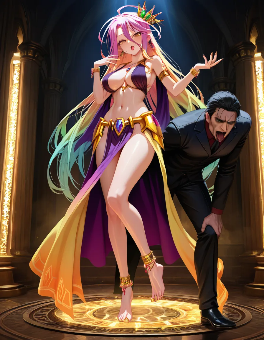 Beautiful girl no game no life, goddess, standing up on one leg, High knee, dominant expression, seductive piercing eyes, alternative outfit, intricate jewelry, humiliation, dominance, femdom, girl's foot in man's mouth, ornate gold anklets, delicate jeweled toe rings, sexy legs, flawless skin texture, curvaceous body, cinematic lighting, dramatic shadows, big thighs, big hips, big boobs, size difference, larger female, smaller male, score_9, score_8, 3d render, octane render, subsurface scattering, ray tracing, smooth shading, score_9, score_8, 3d render, octane render, subsurface scattering, ray tracing, smooth shading, score_9, score_8, 3d render, octane render, subsurface scattering, ray tracing, smooth shading