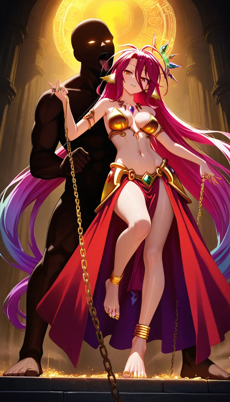 no game no life, goddess, standing up on one leg, High knee, dominant expression, seductive piercing eyes, alternative outfit, intricate jewelry, humiliation, dominance, femdom, girl's foot in man's mouth, ornate gold anklets, delicate jeweled toe rings, sexy legs, flawless skin texture, curvaceous body, cinematic lighting, dramatic shadows, big thighs, big hips, big boobs, size difference, larger female, smaller male, score_9, score_8, 3d render, octane render, subsurface scattering, ray tracing, smooth shading
