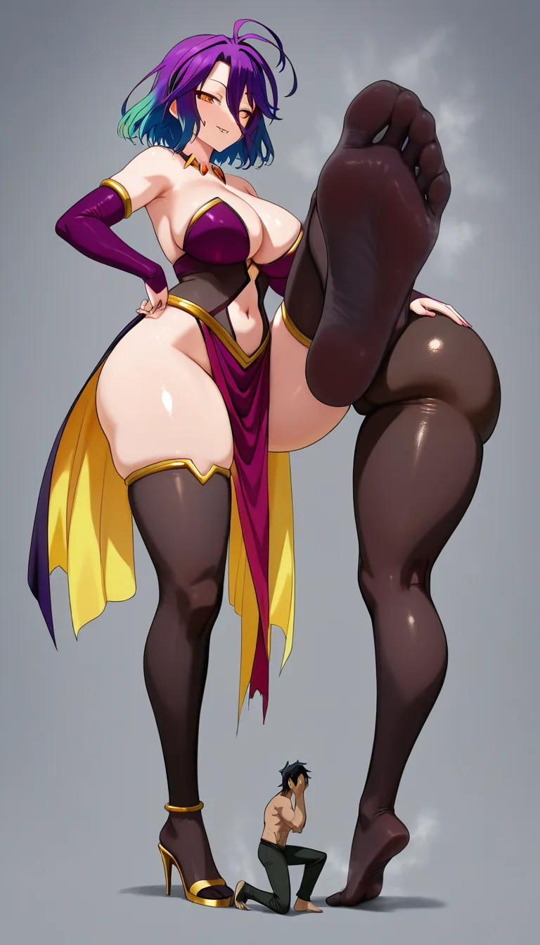 No Game No Life anime style, 20 years old girl, dominant expression, seductive piercing eyes, alternative fashion, intricate gold jewelry, curvaceous body, big thighs, big hips, large breasts, flawless skin texture, size difference, giantess proportions, standing on one leg, trampling a smaller man, man on knees, face pressed against sole, foot covering face, foot pressing firmly into cheek, one foot on face, other foot resting on top of the first foot, ornate gold anklets, delicate jeweled toe rings, detailed soles, sexy legs, power dynamic, femdom, score9, score8, 3d rendering, ray tracing, smooth shading, score_9, score_8, 3d render, octane render, subsurface scattering, ray tracing, smooth shading