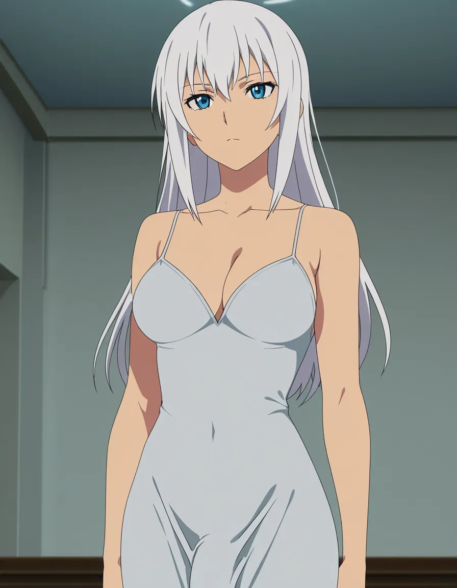 cinematic photo, 8k, futanari, white_hair, bulge, long_dress, huge_penis,, (anime style:1.3), 2d, anime screencap, cel shading, flat color
