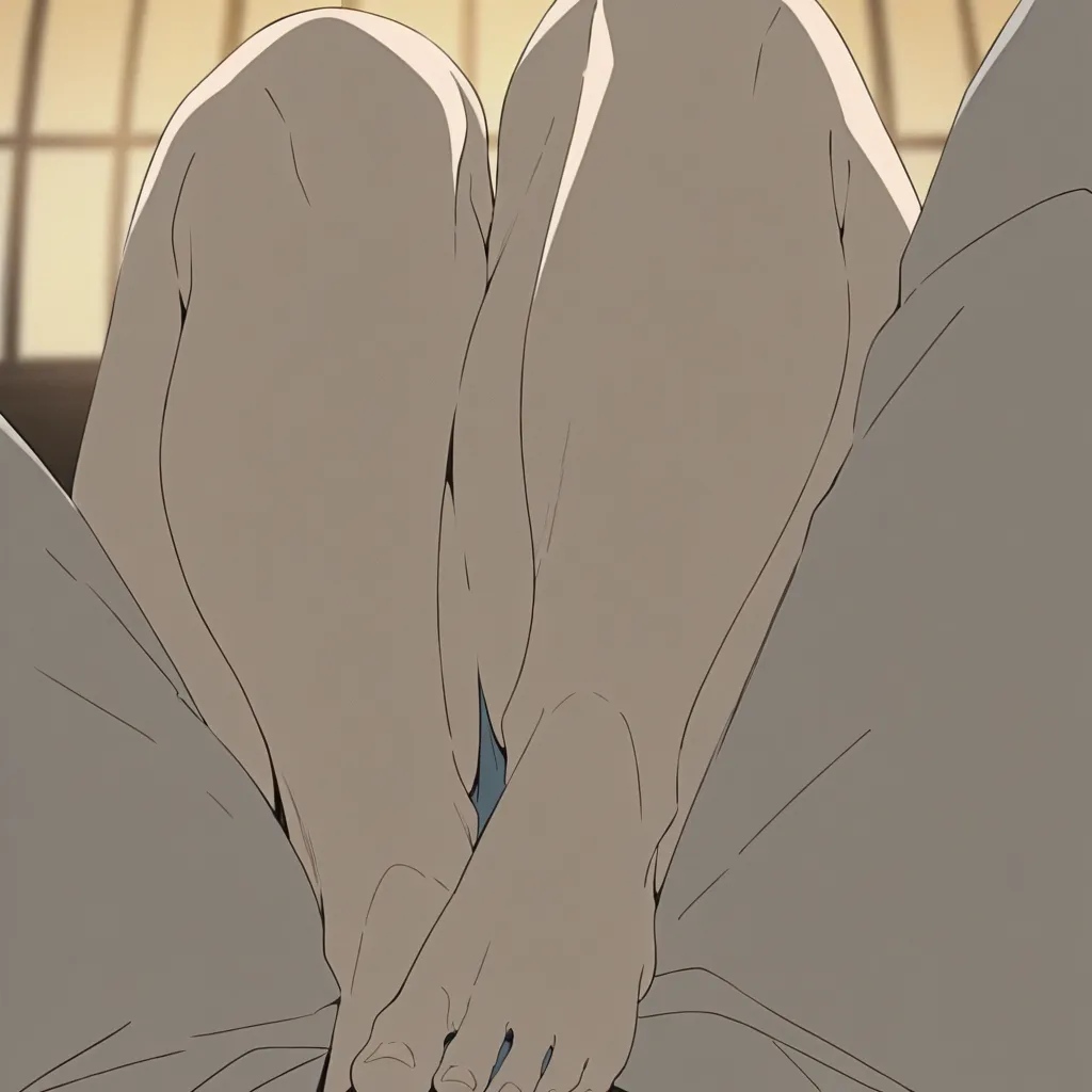 highly detailed, natural lighting, male focus, thick thighs, shirt, footjob, depth of field, natural skin texture