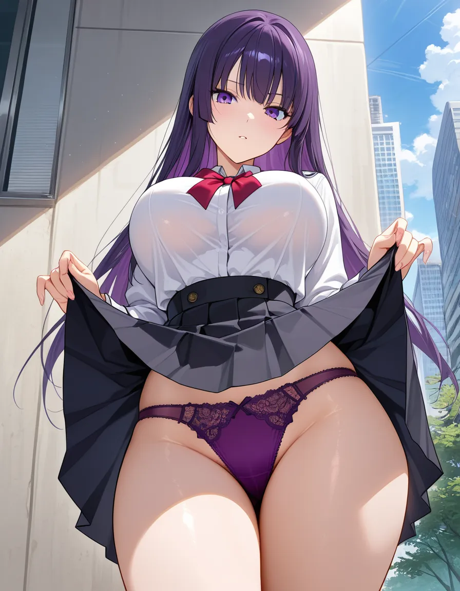 A purple long hair and purple eyes girl with big boobs and narrow_waist wearing a thight white school_uniform with black skirt in school lifting_own_clothes and showing purple panties, hentai_studio_quality