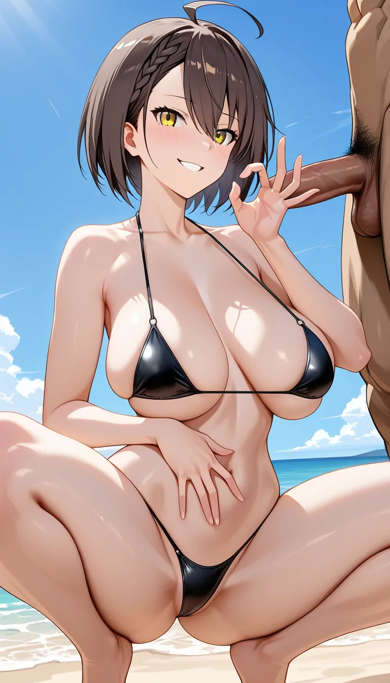 Baltimore from azurlane, horny smile,large and sagging breasts, black micro bikini, squatting, spread legs,hand on stomach one hand,fellatio gesture one hand,on beach., hentai_studio_quality