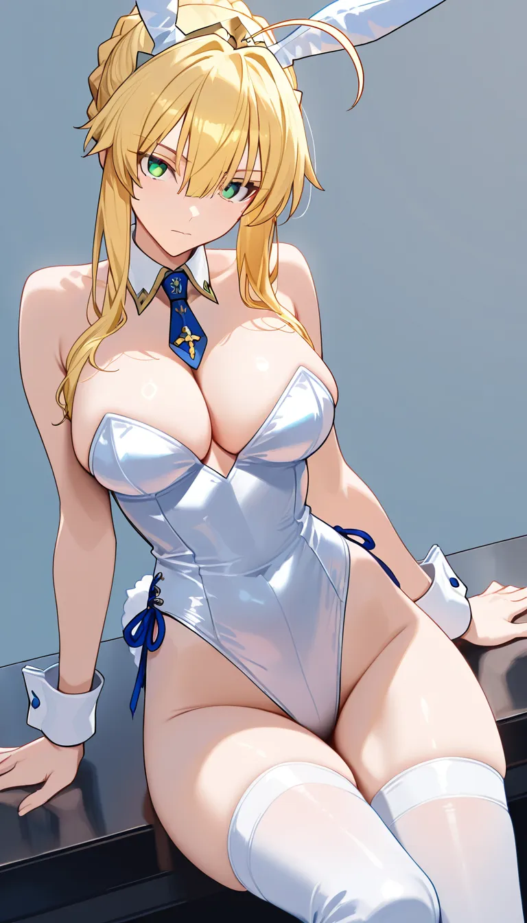 1girl, artoria pendragon (ruler), artoria pendragon, masterfully crafted,
(long blonde hair:1.3), (braided ponytail,:1.3) hair bun, ahoge, green eyes, blunt bangs,
white bunny ears, white and blue bunny suit, strapless bunny suit, thighhighs,
white collar, black tie, white cuffs,(massive breasts:1.2),(sagging breasts:1.2),(soft breasts:1.4),casino,
rabbit gesture.(((pulling down bra,bra pull down, expose full tits))), surprise., hentai_studio_quality