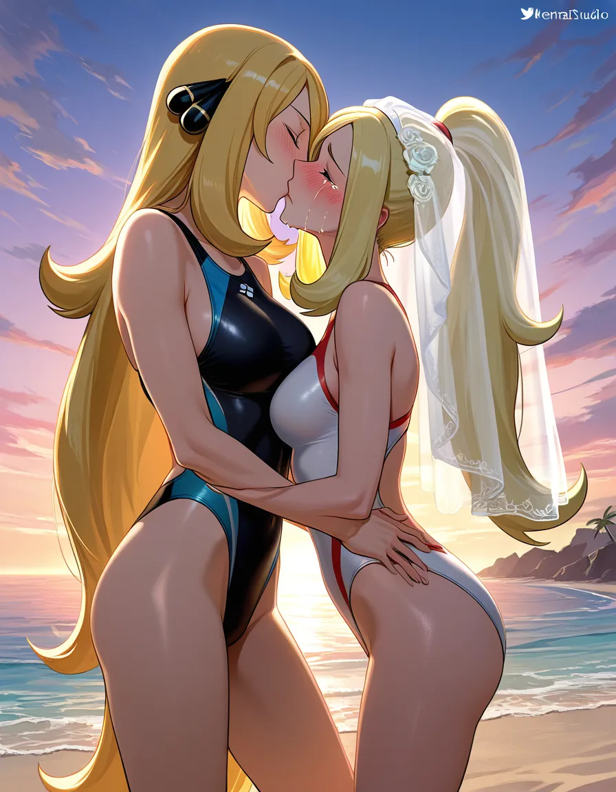 2girls, multiple_girls, @cynthia_(pokemon), @korrina_(pokemon), yuri, lesbian, competition_swimsuit, standing, bridal_veil, kissing, blush, crying, beach., hentai_studio_quality