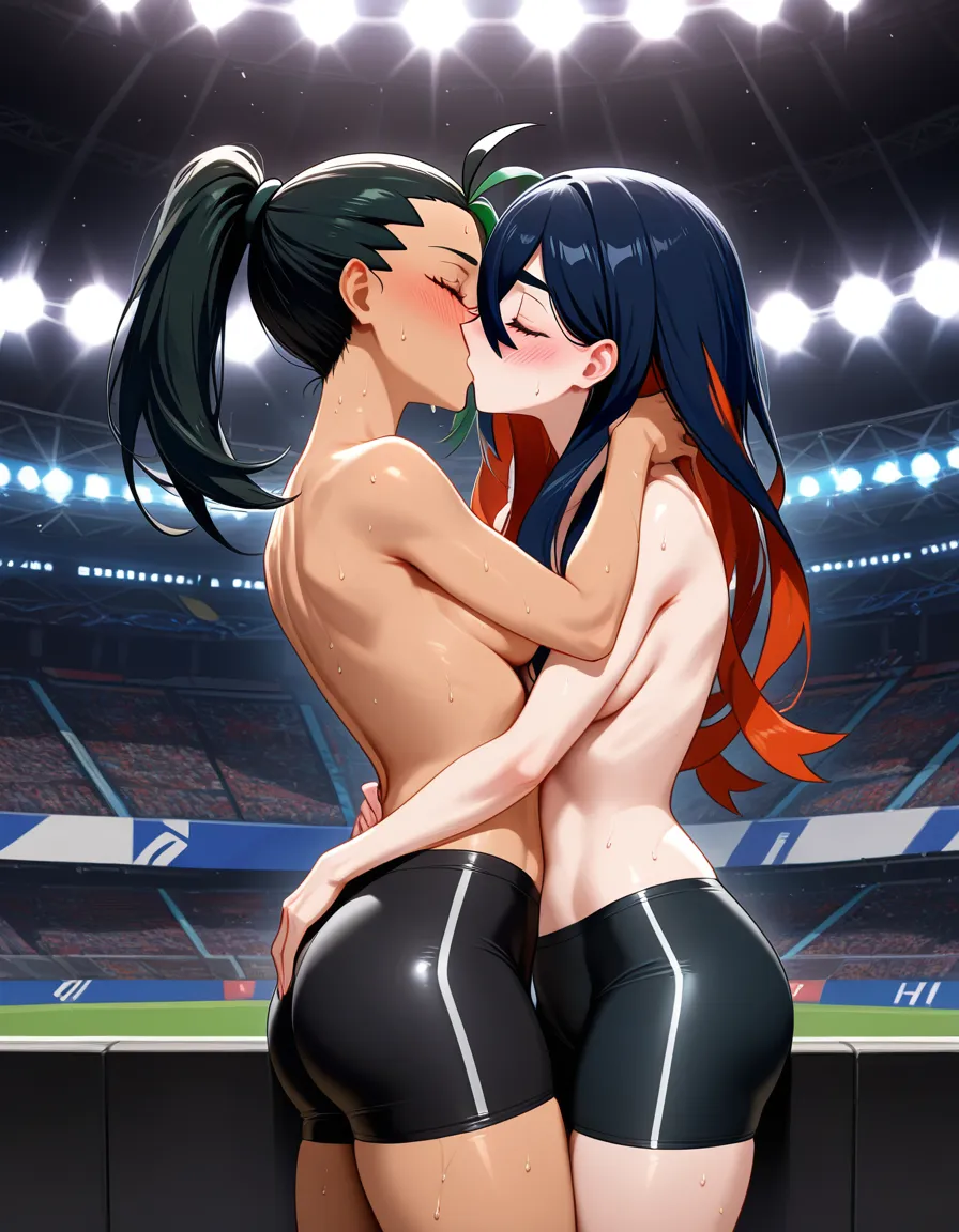 2girls, @carmine_(pokemon), @nemona_(pokemon), topless, yuri, lesbian, black bike_shorts, standing, kissing, blush, sweat, in stadium., hentai_studio_quality