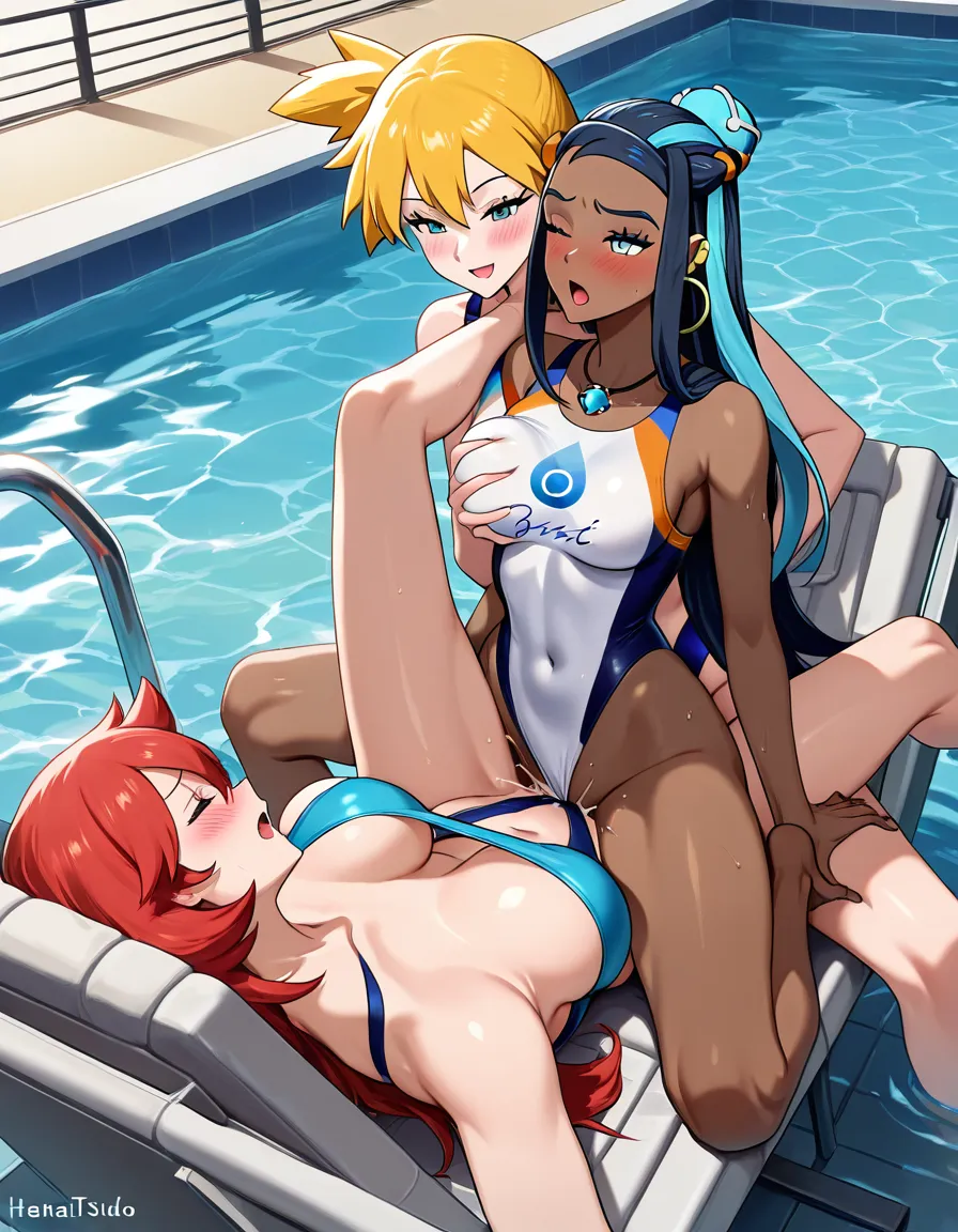 2girls, multiple_girls, @misty_(pokemon), @nessa_(pokemon), yuri, lesbian, blue competition_swimsuit, tribadism, clothed_sex, blush, orgasm, in pool chair, grabbing_another's_breast., hentai_studio_quality