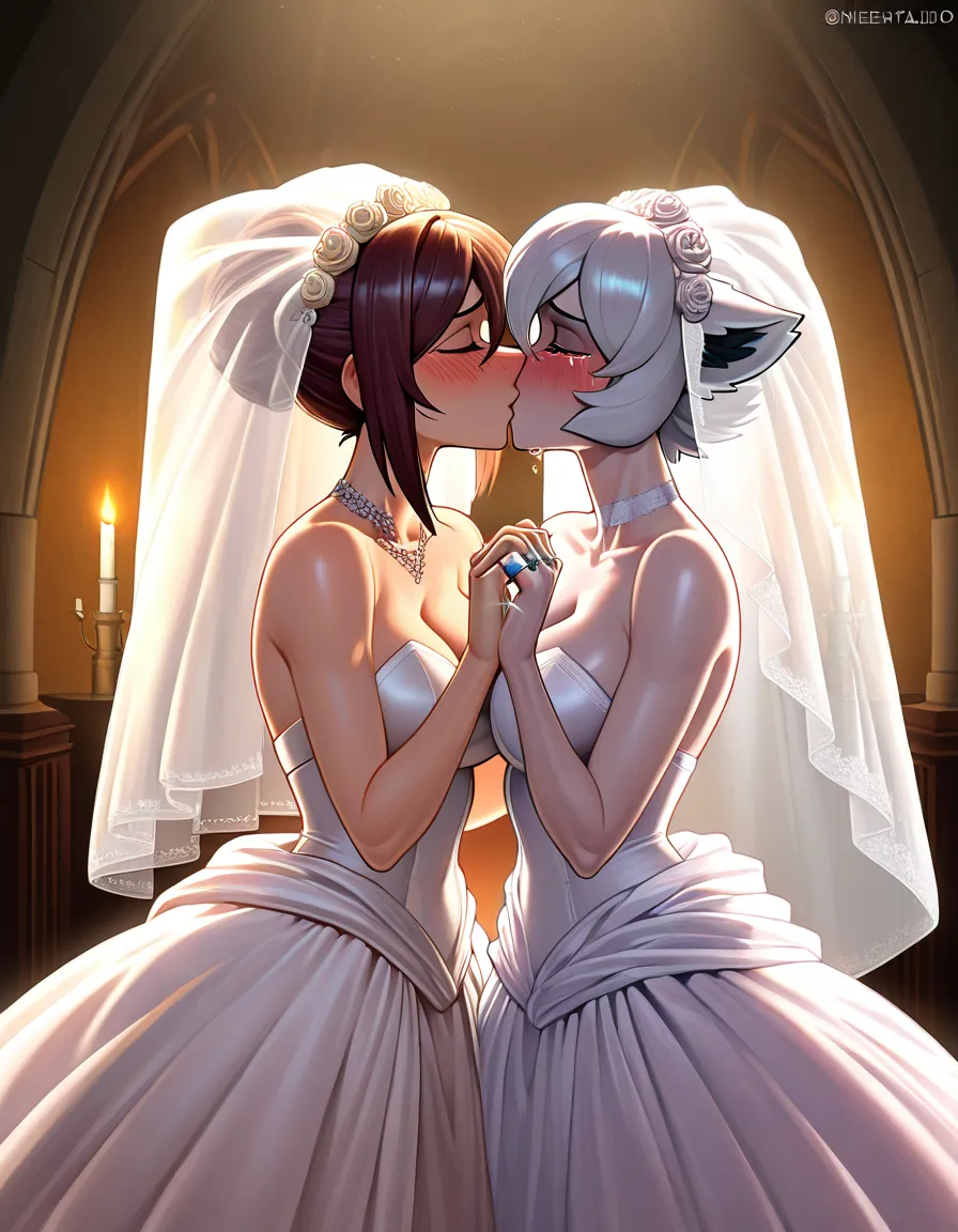 2girls, multiple_girls, no_humans, @tangle_the_lemur, @whisper_the_wolf, yuri, lesbian, bridal_veil, wedding_dress, wedding_ring, blush, kissing, crying, at wedding., hentai_studio_quality, hentai_studio_quality
