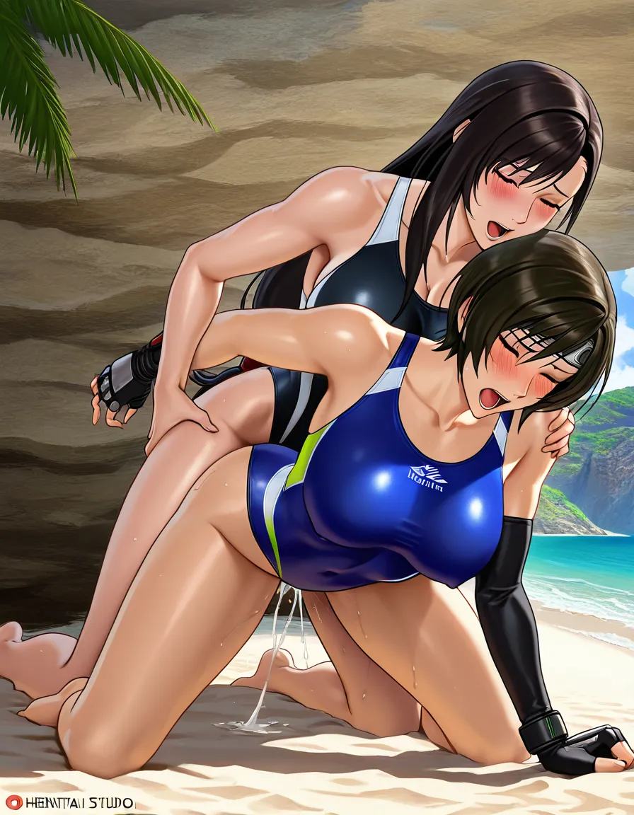 2girls, multiple_girls, @tifa_lockhart, @yuffie_kisaragi, yuri, lesbian, blush, black competition_swimsuit, humping, sex_from_behind, doggystyle, grabbing_from_behind, orgasm, beach., hentai_studio_quality