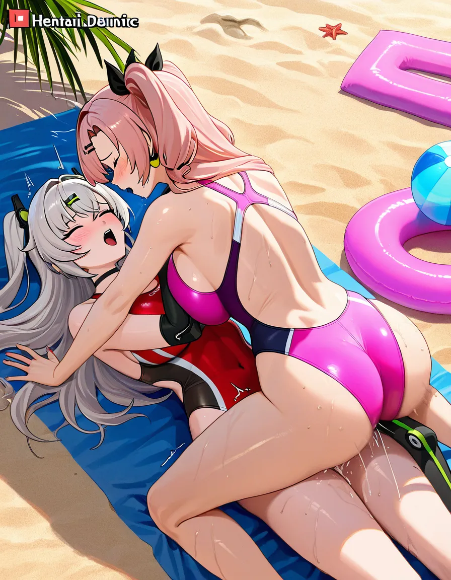 2girls, multiple_girls, @nicole_demara, @burnice_white, yuri, lesbian, on_back, girl_on_top, red competition_swimsuit, pink competition_swimsuit, humping, missionary, clothed_sex, blush, moaning, orgasm, beach., hentai_studio_quality, hentai_studio_quality