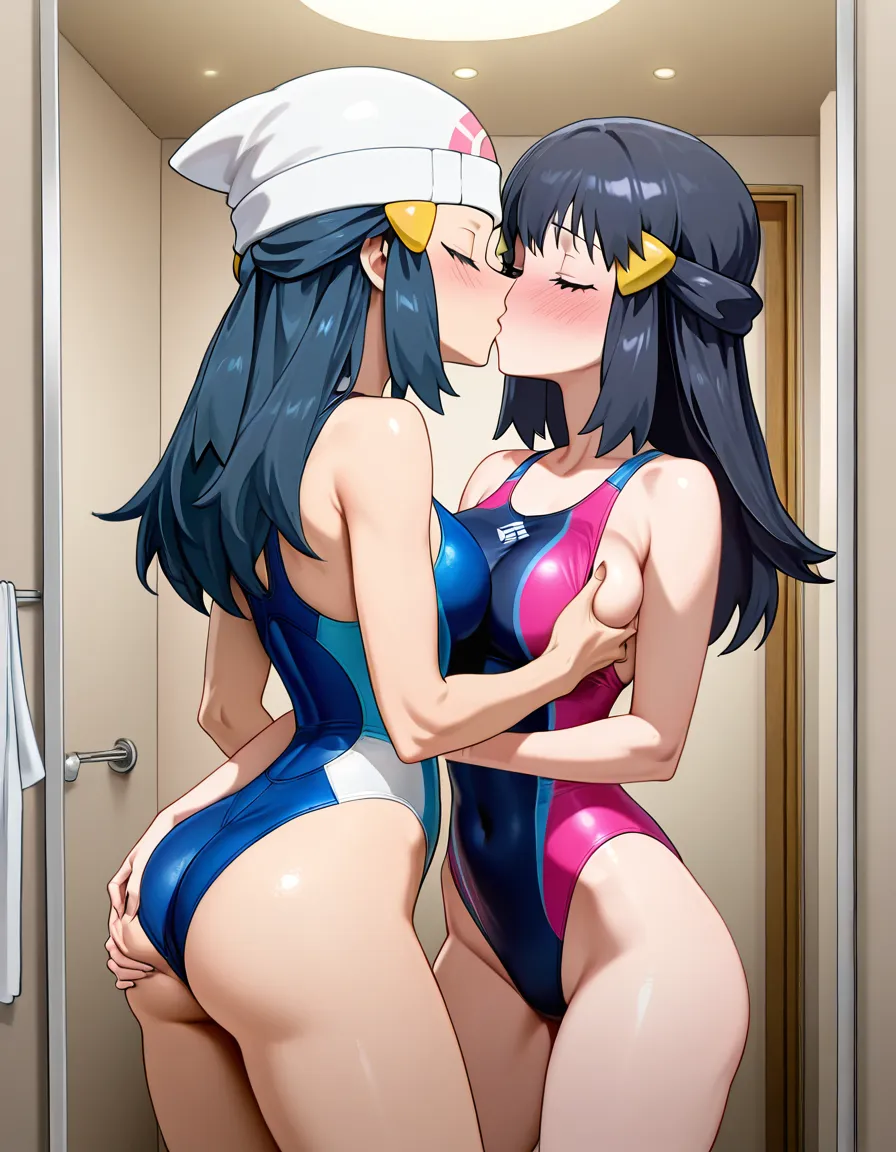 2girls, multiple_girls, @dawn_(pokemon), @leaf_(pokemon), lesbian, yuri, standing, blue competition_swimsuit, blush, grabbing_another's_breast, grabbing_another's_ass, kissing, in dressing room., hentai_studio_quality, hentai_studio_quality