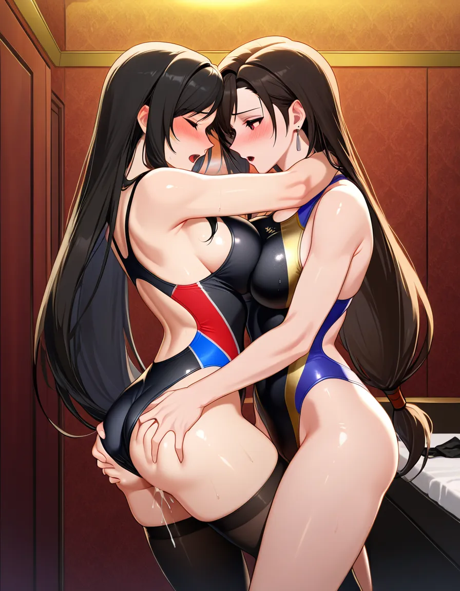 2girls, multiple_girls, @yang_xiao_long, @tifa_lockhart, yuri, lesbian, gold competition_swimsuit, golf thighhighs, black competition_swimsuit, black thighhighs, blush, standing_sex, hug, grabbing_another's_breast, grabbing_another's_ass, moaning, orgasm, in dressing room., hentai_studio_quality