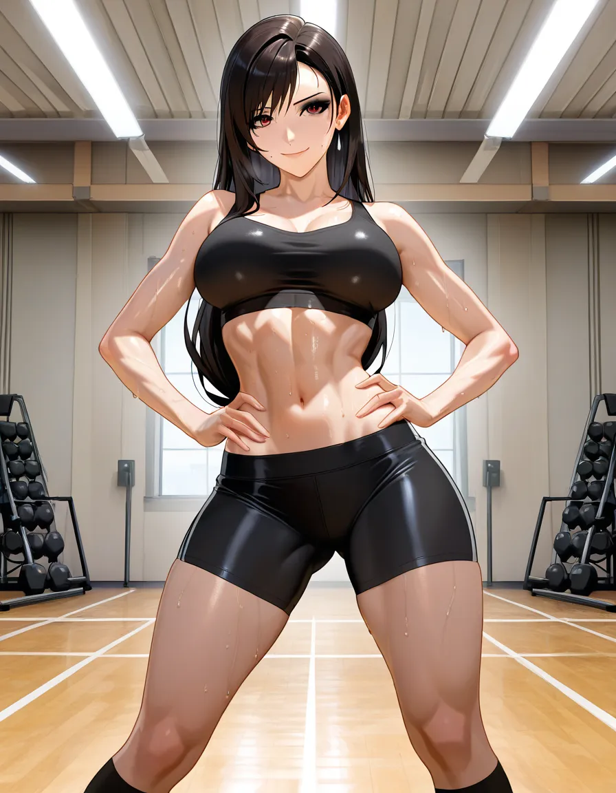 @tifa_lockhart, standing, legs_apart, black bandeau, black sport shorts, black kneehighs, black eyeshadow, black eyeliner, seductive_smile, closed_mouth, hands_on_own_hips, looking_at_viewer, sexually_suggestive, in gym, sweat., hentai_studio_quality