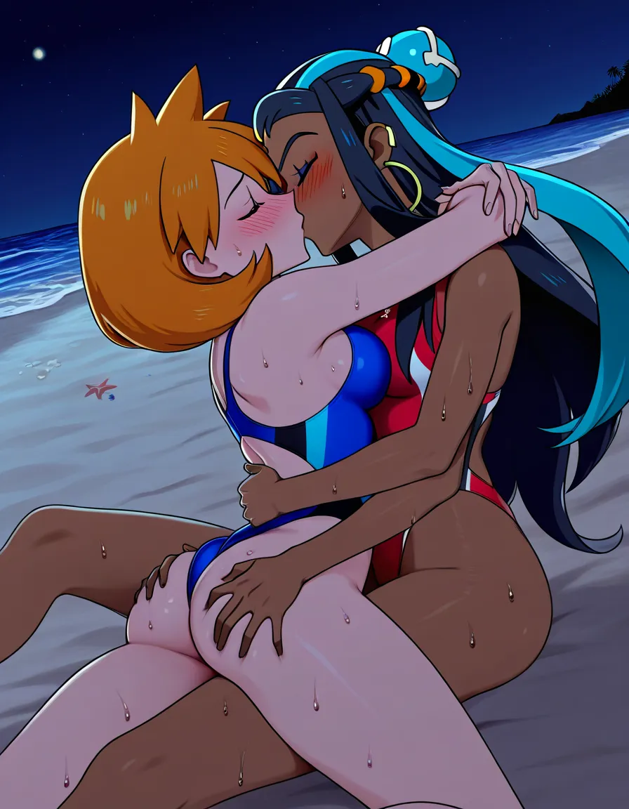 2girls, multiple_girls, @misty_(pokemon), @nessa_(pokemon), yuri, lesbian, on_back, girl_on_top, hug, blue competition_swimsuit, blush, sweat, closed_eyes, grabbing_another's_ass, kissing, beach, night., hentai_studio_quality, hentai_studio_quality, hentai_studio_quality, hentai_studio_quality