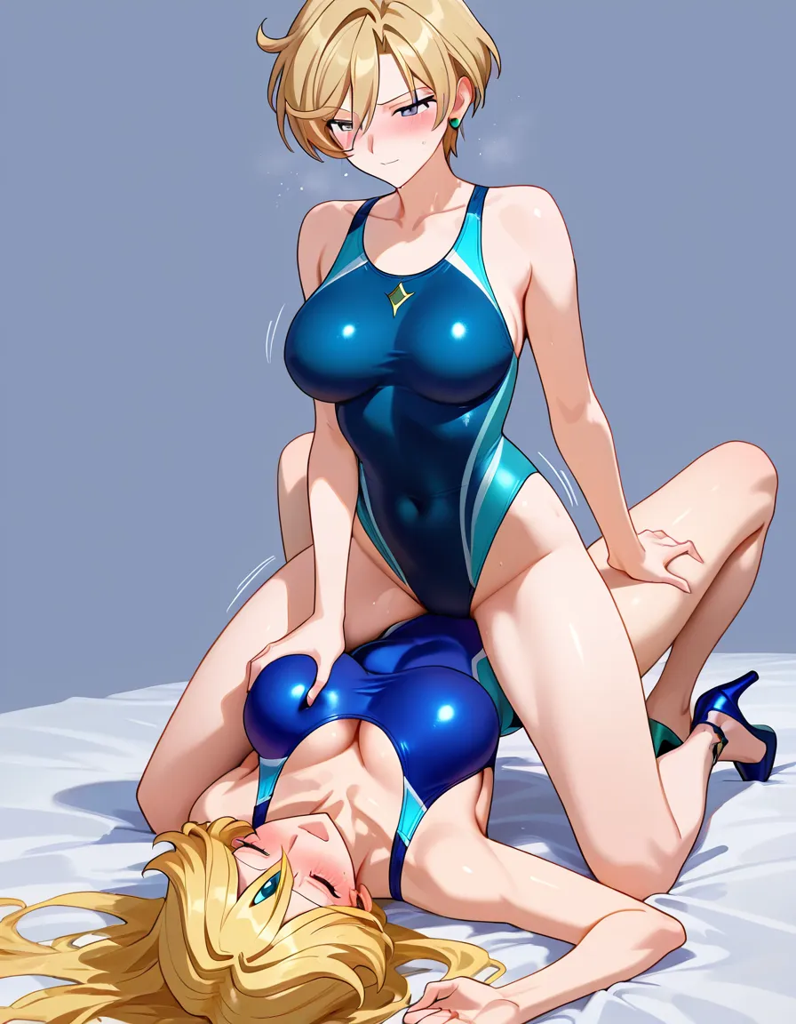 2girls, multiple_girls, @sailor_uranus, @sailor_neptune, yuri, lesbian, on_back, legs_apart, girl_on_top, blue competition_swimsuit, aqua competition_swimsuit, blue high_heels, aqua high_heels, blush, closed_eyes, humping, cowgirl_position, grabbing_another's_breast, moaning, orgasm, in pool chair, night, grabbing_another's_ass., hentai_studio_quality, hentai_studio_quality