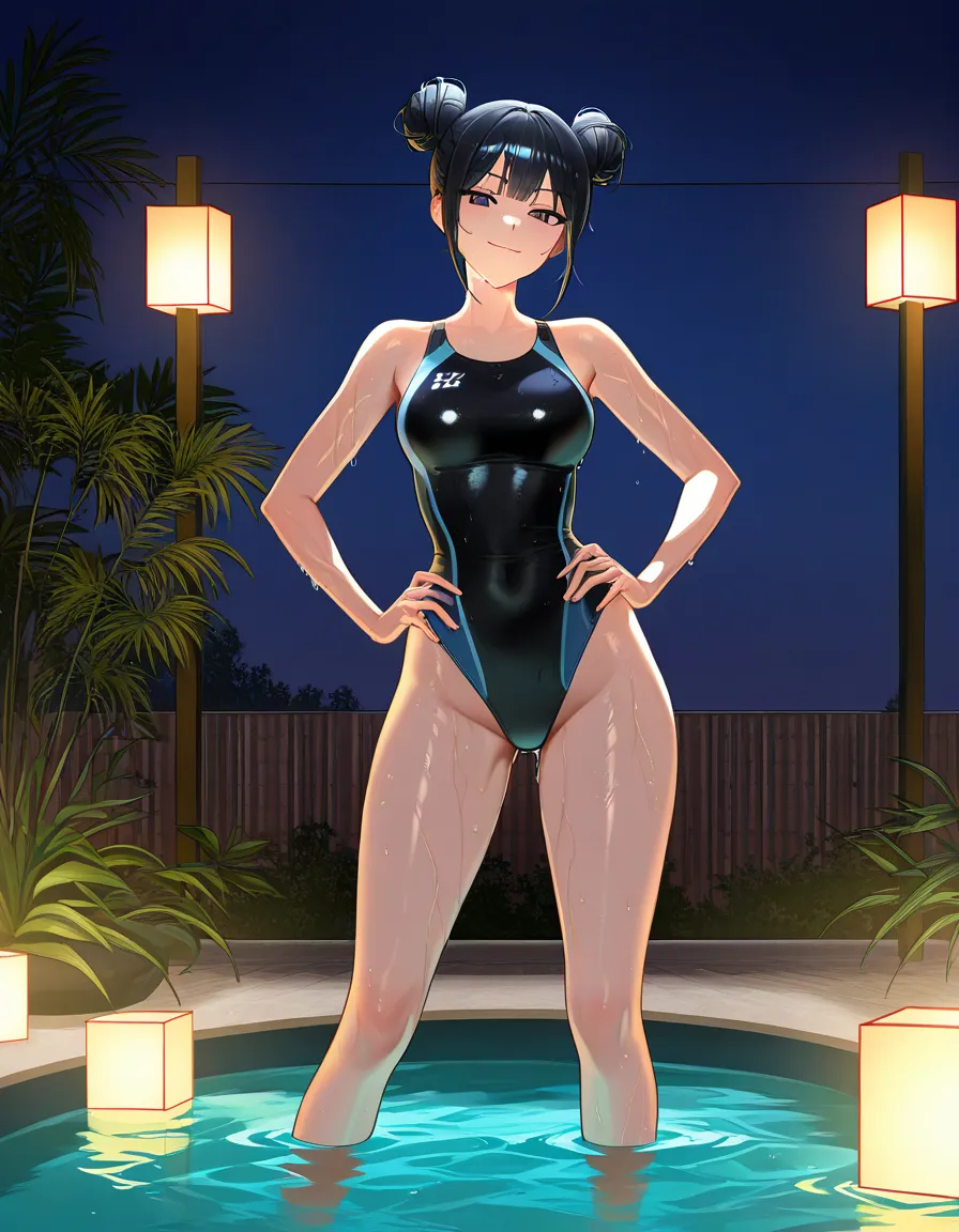 @zoey_(k-pop_demon_hunters), standing, legs_apart, black_hair, short_hair, double_bun, black competition_swimsuit, looking_at_viewer, seductive_smile, closed_mouth, wet, hands_on_own_hips, bathing, outdoors, night., hentai_studio_quality, hentai_studio_quality
