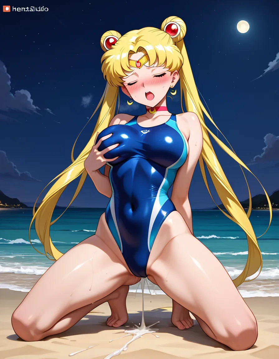 @sailor_moon, kneeling, legs_apart, blue competition_swimsuit, blush, closed_eyes, grabbing_own_breast, moaning, orgasm, beach, night., hentai_studio_quality, hentai_studio_quality