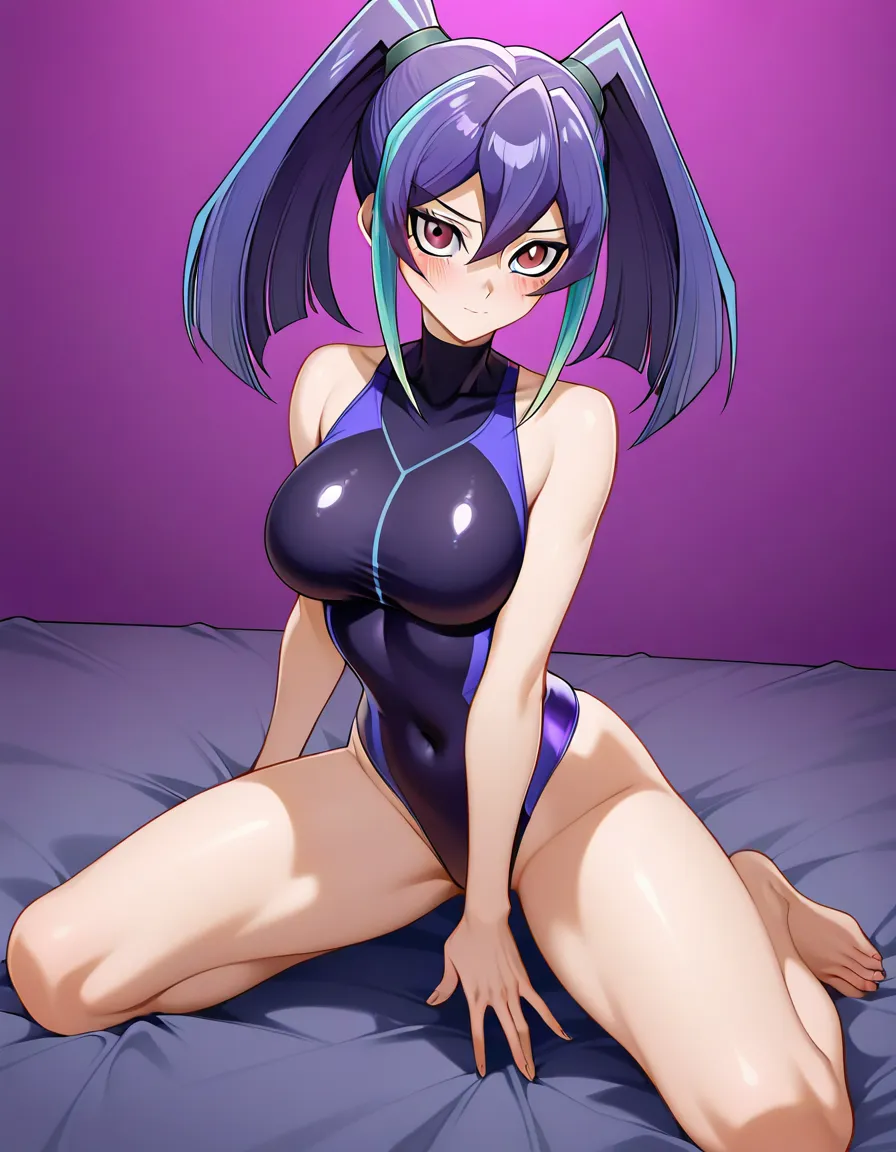 @mai_valentine_(yu-gi-oh!), kneeling, legs_apart, seductive_smile, looking_at_viewer, closed_mouth, dark purple competition_swimsuit, dark purple high_heels, grabbing_own_breast, blush, orgasm, on bed., hentai_studio_quality, hentai_studio_quality