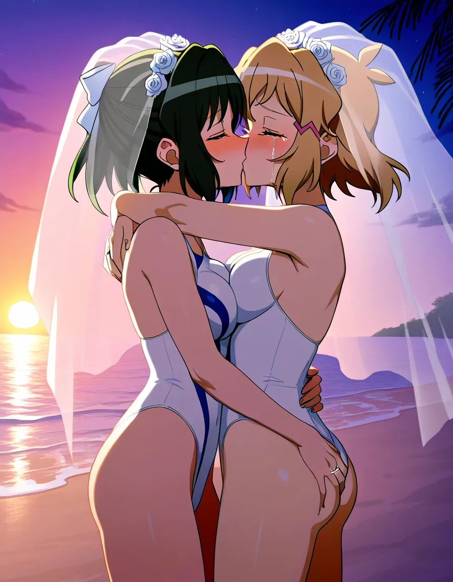 @tachibana_hibiki_(symphogear), @kohinata_miku_(symphogear), yuri, lesbian, standing, hug, wedding_ring, bridal_veil, white competition_swimsuit, grabbing_another's_ass, blush, closed_eyes, kissing, crying, at wedding, outdoors, beach, night., hentai_studio_quality, hentai_studio_quality