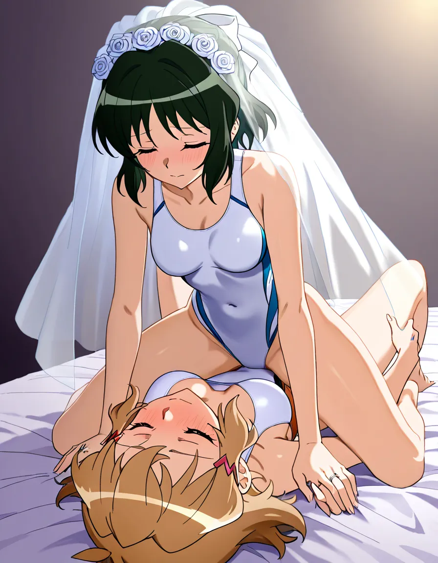 2girls, multiple_girls, @tachibana_hibiki_(symphogear), @kohinata_miku_(symphogear), yuri, lesbian, on_back, legs_apart, girl_on_top, wedding_ring, bridal_veil, white competition_swimsuit, straddling, humping, cowgirl_position, blush, closed_eyes, moaning, orgasm, on_bed, beach, night, grabbing_own_breast, grabbing_another's_ass, outdoors., hentai_studio_quality, hentai_studio_quality
