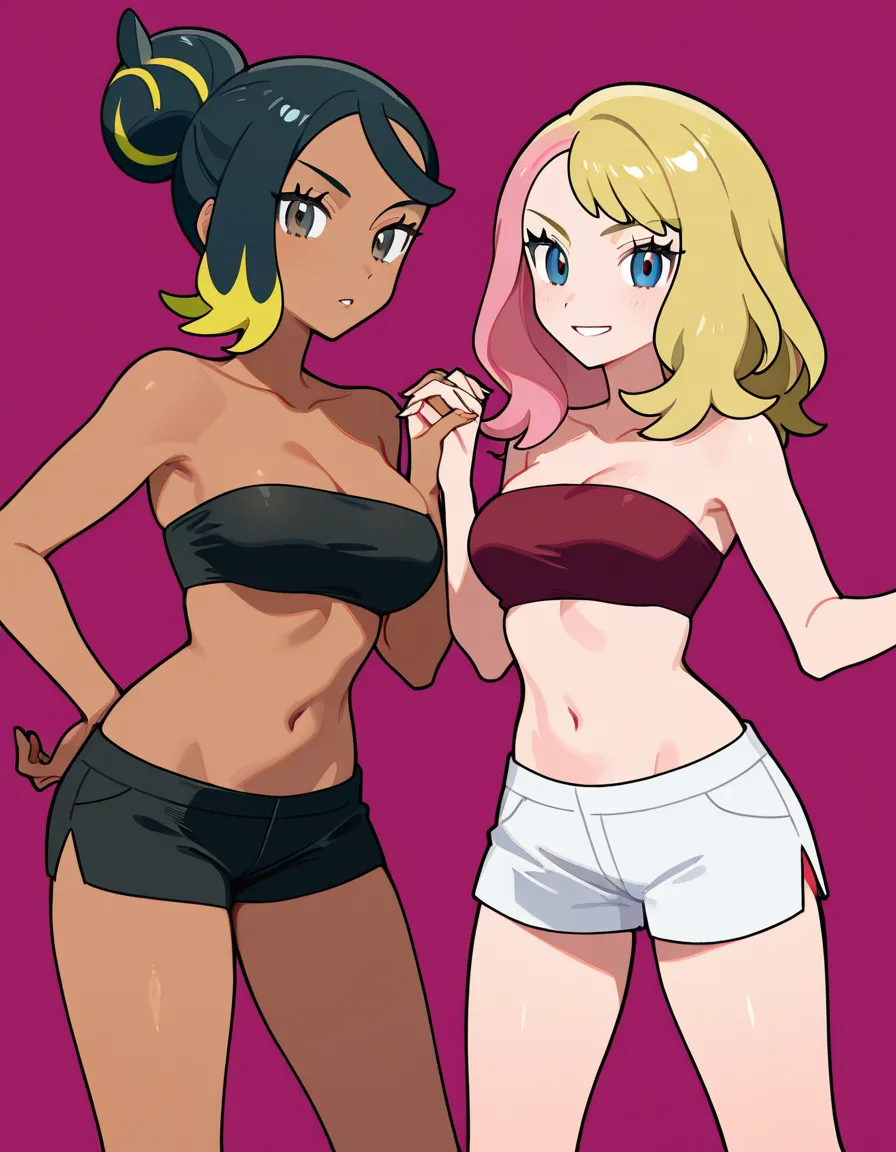 2girls, multiple_girls, @emma_(pokemon), dark-skinned_female, black_hair, short_hair, black bandeau, black short_shorts, @taunie_(pokemon), short_hair, single_hair_bun, blonde_hair, pink_hair, multicolored_hair, maroon bandeau, white short_shorts, yuri, lesbian, standing, against_wall, hug, blush, embarrassed, grabbing_another's_breast, grabbing_another's_ass, eye_contact, imminent_kiss, in dressing room., hentai_studio_quality, hentai_studio_quality