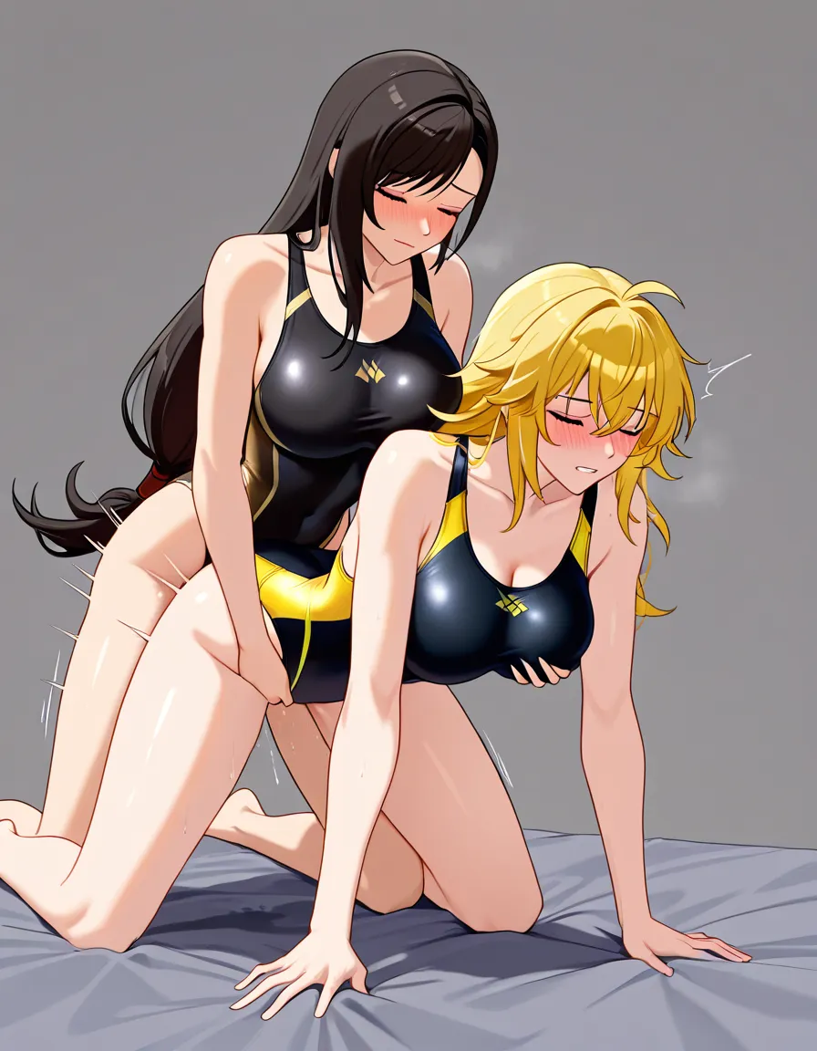 2girls, multiple_girls, @yang_xiao_long, kneeling, legs_apart, gold competition_swimsuit, @tifa_lockhart, all_fours, black competition_swimsuit, yuri, lesbian, blush, closed eyes, grabbing_another's_breast, grabbing_from_behind, humping, doggystyle, sex_from_behind, moaning, orgasm, on_bed, beach., hentai_studio_quality, hentai_studio_quality, hentai_studio_quality, hentai_studio_quality, hentai_studio_quality