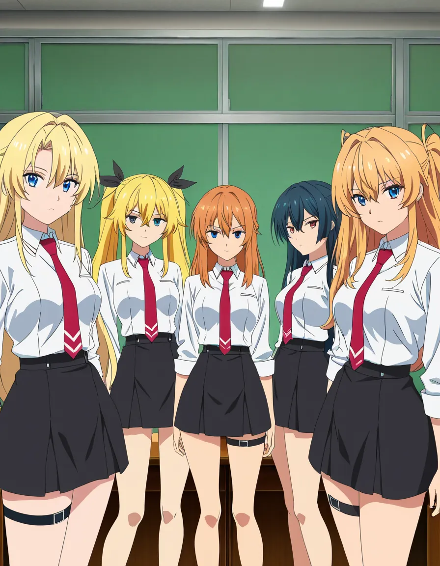 masterpiece, clean art, 5girls, thigh strap, black skirt, siting on a desk , confident gaze, eroge aesthetic, blonde, (anime style:1.3), 2d, anime screencap, cel shading, flat color