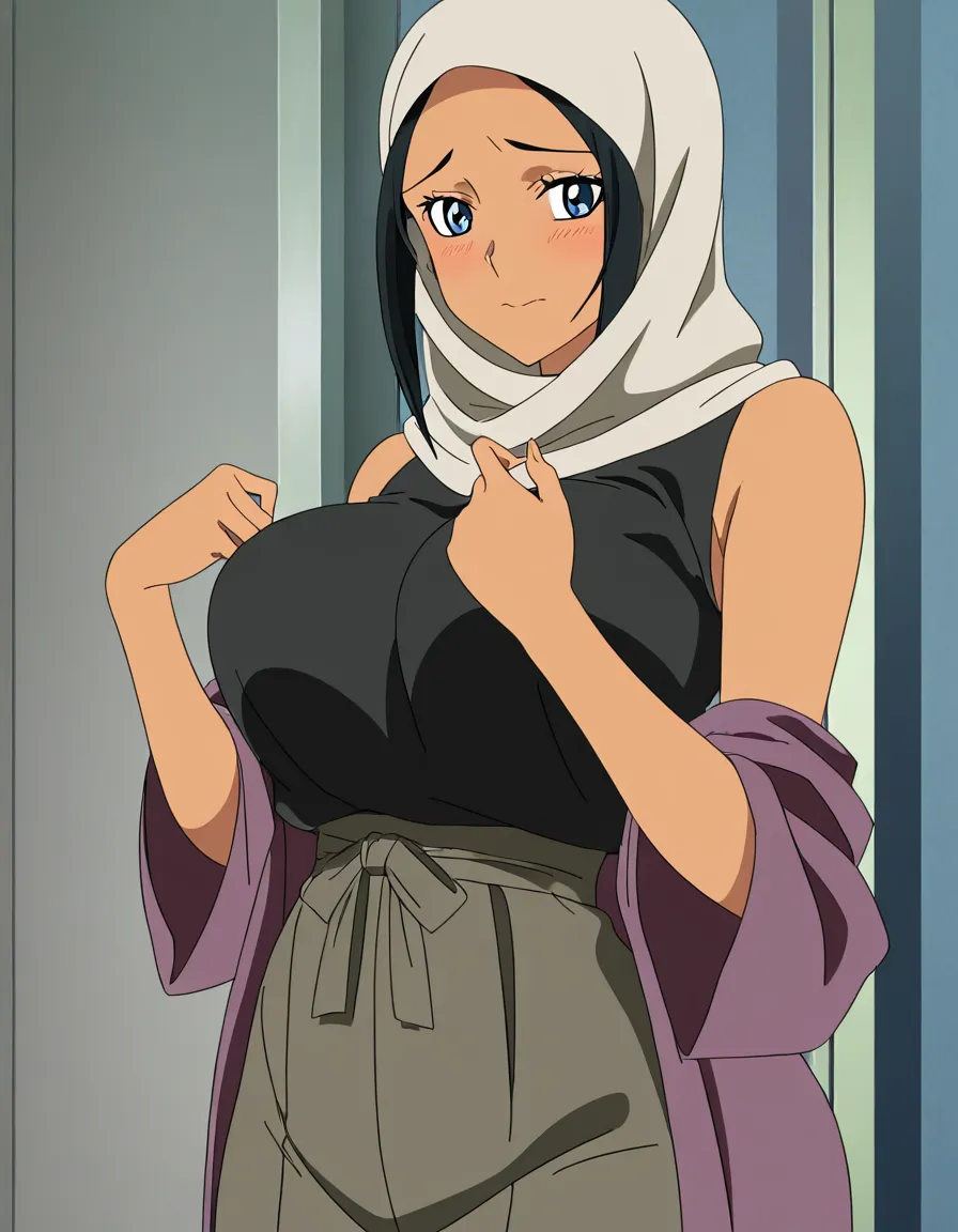 1girl, young adult Indonesian woman, beautiful face, long black hair partially visible under full beige hijab, large breasts, slim waist, fair skin, shy expression, wearing full black hijab and modest clothing that gets partially removed, (anime style:1.3), 2d, anime screencap, cel shading, flat color, @00osamio00, hentai_studio_quality