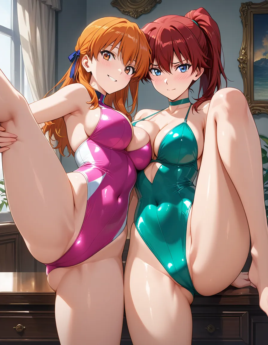 best quality, polished, multiple girls, large breasts, ribbon, leg up, shy smile, vivid anime colors, hentai_studio_quality