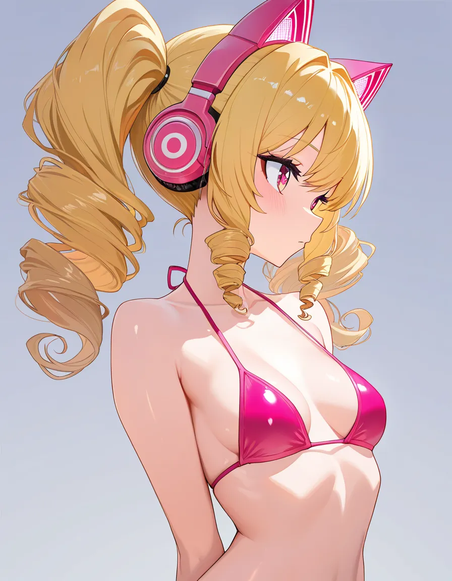 studio quality, best quality, uhd, 8k, Masterpiece, Detailed, shorty cute girl girl short, thin, narrow_waist, small_breasts, blue_gemstone eyes, blonde_hair, long curly_hair, light peach skin, two long ponytails, pink headphones in a shape of Cat ears, thin tight high profile single piece pink bikini, very high waist pink bikini, open toe pink heels, standing, solo, crossed_legs, sending kisses, back alley, shot from front and shot from back, hentai_studio_quality
