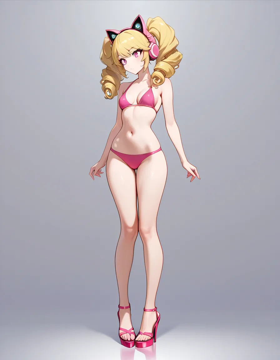 studio quality, best quality, Masterpiece, Detailed, shorty girl girl short, thin, narrow_waist, small_breasts, blue_gemstone eyes, blonde_hair, long curly_hair, light peach skin, two long ponytails, pink headphones in a shape of Cat ears, super thin tight high profile single piece pink bikini, open toe pink heels, standing, solo, crossed_legs, sending kiwhole body shot from the back, second whole body shot from the front, ass crack, back alley, hentai_studio_quality