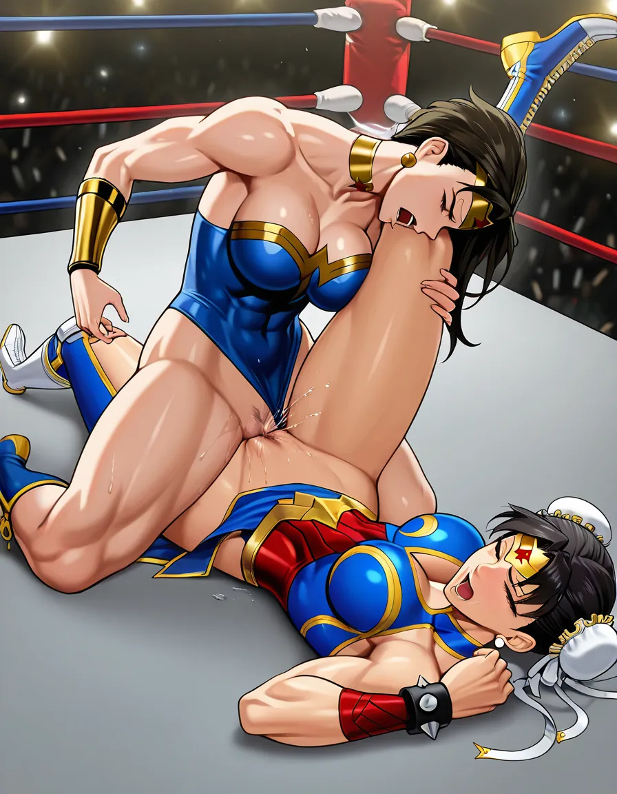 2girls , Best_quality, ultra_detailed, wonder_woman_(dc) , @chun-li , yuri sex ,wrestling_ring wrestling defeated, pussy_juice squirting orgasm , tribadism wince, on_side on_floor,, hentai_studio_quality, hentai_studio_quality