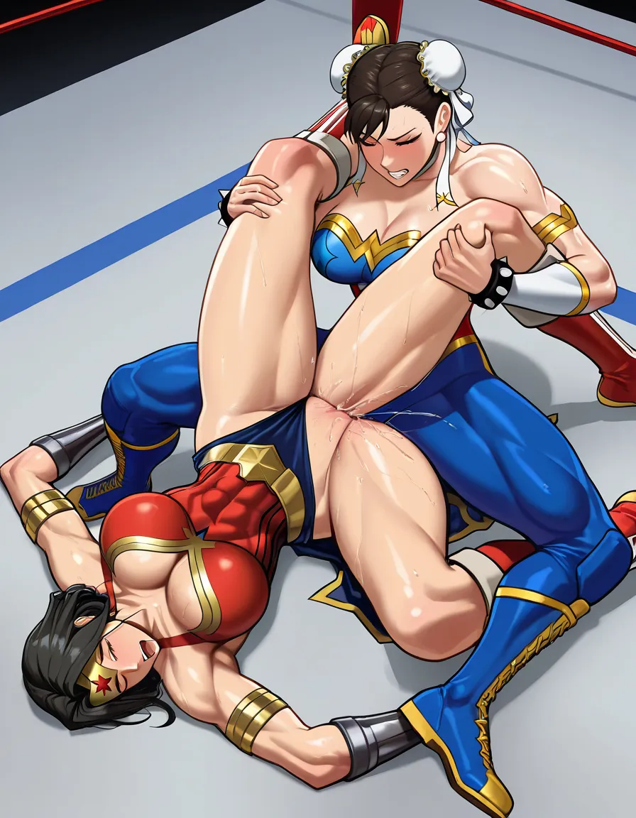 2girls , Best_quality, ultra_detailed, wonder_woman_(dc) , @chun-li , yuri sex ,wrestling_ring wrestling defeated, pussy_juice squirting orgasm , tribadism wince, on_side on_floor, leg_grab, hentai_studio_quality