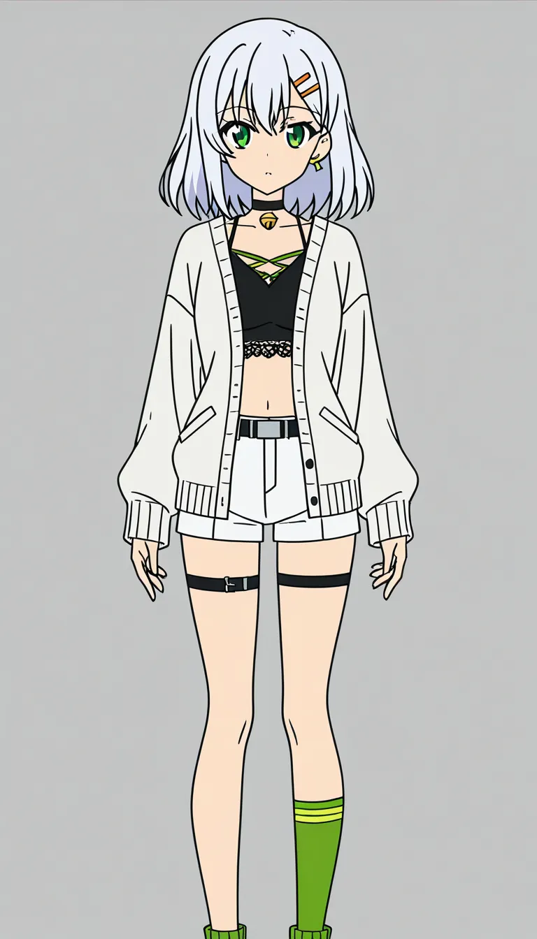 adult woman 18+, same character as reference: short white lilac hair, green eyes, orange cross hair clip, lime bows, black lace crop top, white cardigan, white WASD shorts, black choker with bell, asymmetric thigh strap and green sock, white orange sneakers, penetration sex insertion, thrusting up and down motion, explicit hentai, keep her face and outfit recognizable