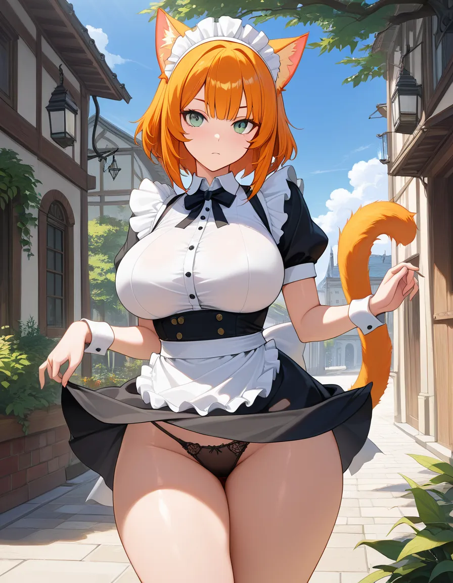 masterpiece, best quality, maid, buttons, underwear, outdoors, hentai style, cat_girl, cat_ears, cat_tail, ginger_hair, ginger_fur, large_breasts, thick_thighs, wide_hips, hentai_studio_quality