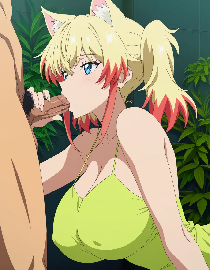 best quality, explicit detail, catgirl, huge breasts, dress, blowjob, plant, vivid anime colors, (anime style:1.3), 2d, anime screencap, cel shading, flat color