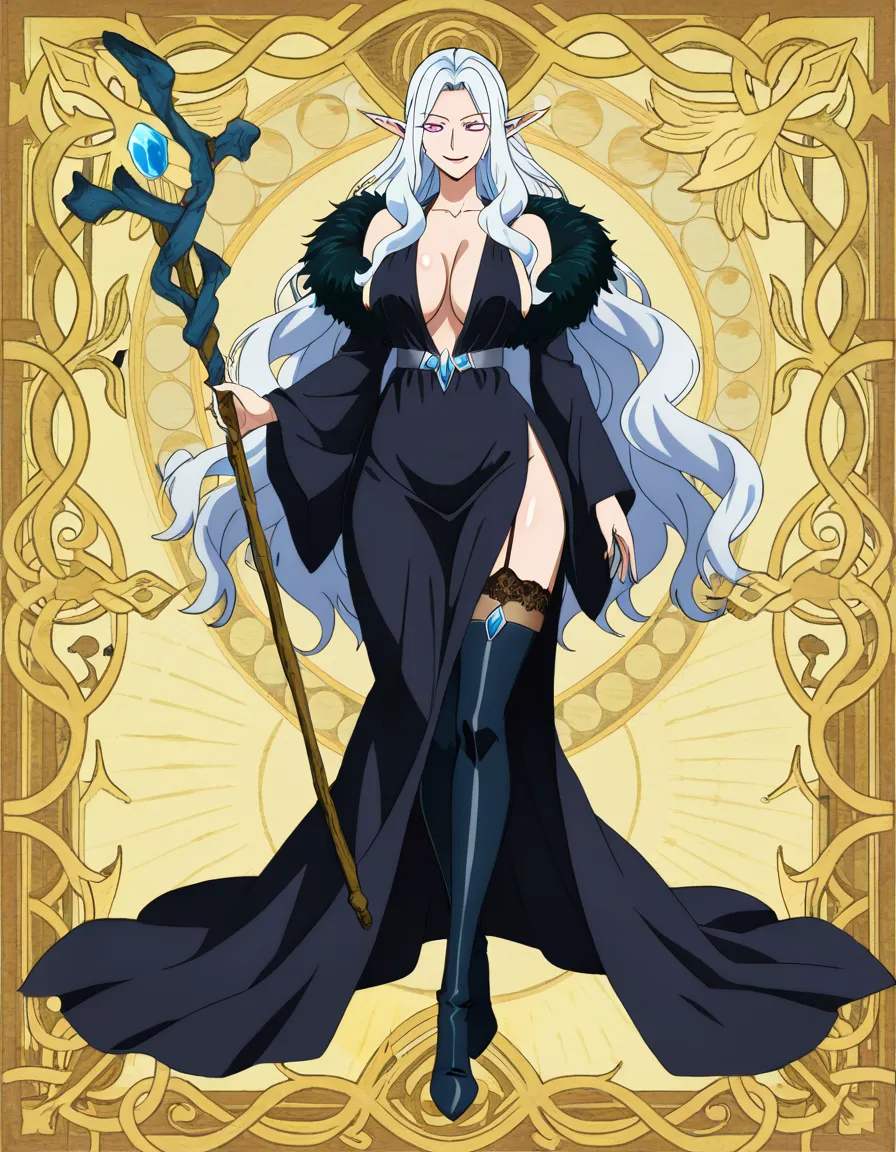 High elf, mature woman, makeup, long low-cut gown with a plunging neckline, daring slit revealing her legs, black hold-up stockings, thigh-high boots, long wavy silvery hair, sly smile, fair skin, holding a steel and wood staff set with a blue stone , 4k , high quality , anime style, (anime style:1.3), 2d, anime screencap, cel shading, flat color