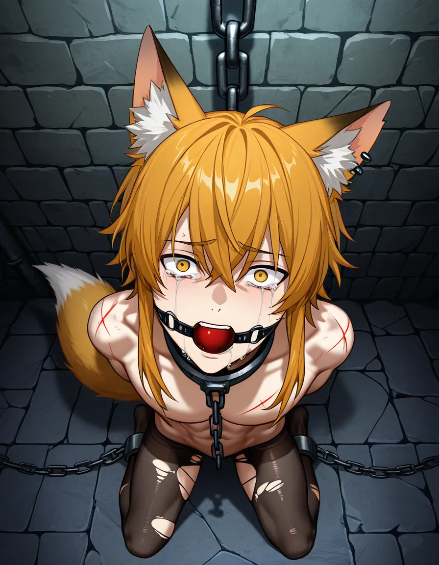 whump, 1boy, male, fox_boy, fox_ears , fox_tail , shackles , chains, ball gag , nude, scars, injury , arms_behind_back , torn_pantyhose , piercings, scared , looking_at_viewer , tears , crying, dungeon, from from_above, hentai_studio_quality