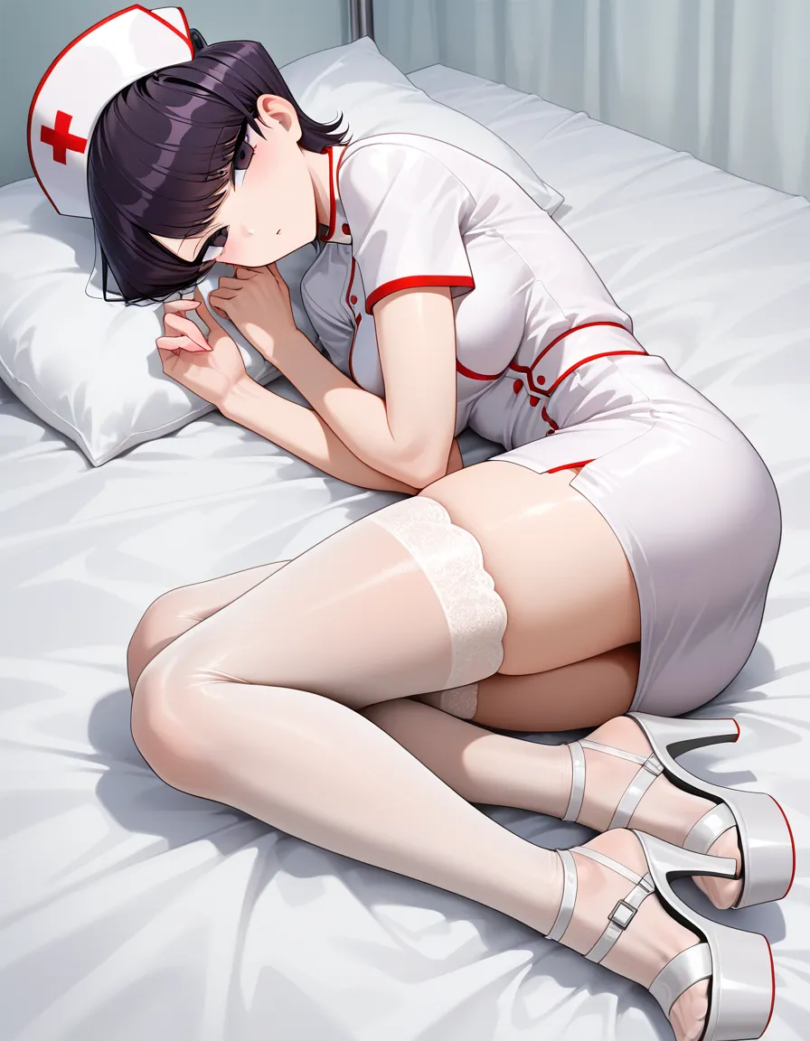 komi shuuko , nurse dress , white stockings , on_side , platform_footwear, hentai_studio_quality