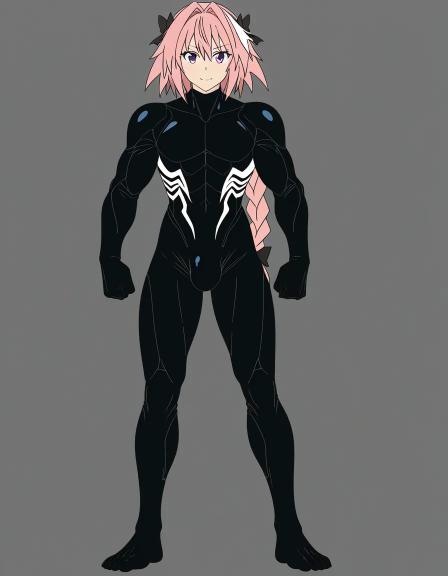 astolfo,bulge,venom suit,feet, (anime style:1.3), 2d, anime screencap, cel shading, flat color